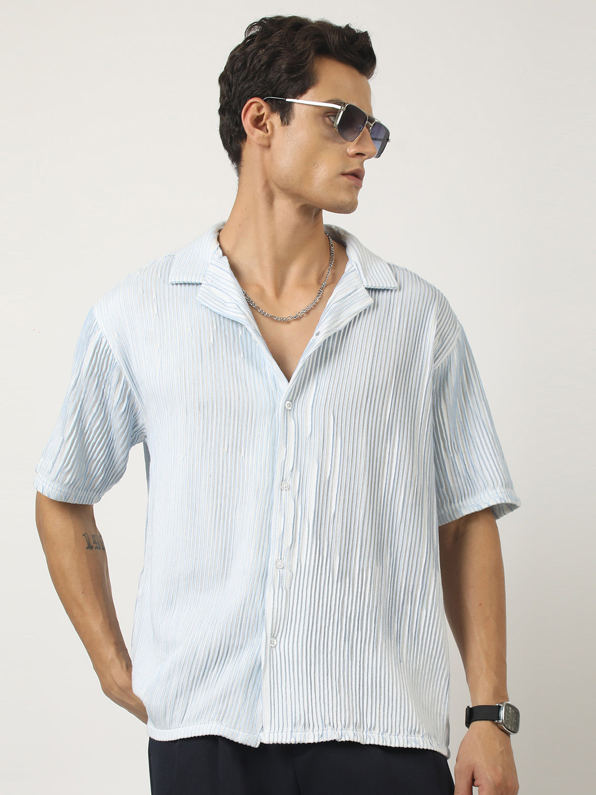 Sky blue half sleeve crochet skyblue shirt for men - view 3