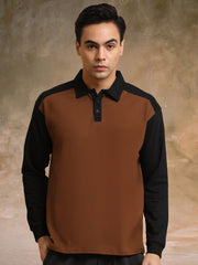Colorblock Brown Full Sleeve Polo T-Shirt