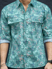 Floral Double Pocket Green Full Sleeve Shirt