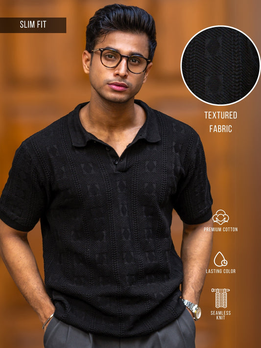 Emerald Knit Black Half Sleeve Polo T-Shirt