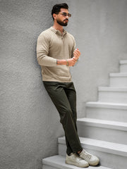 Checked Knit Beige Full Sleeve Polo T-Shirt
