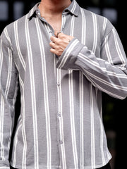 Terry Vertical Stripes Grey Full Sleeve Shirt