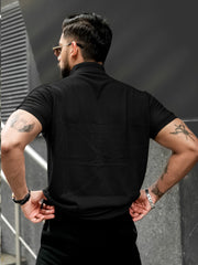 Ribbed FlatKnit Black Half Sleeve Shirt