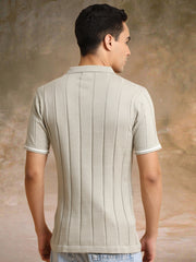 Drop Needle Beige Flatknit Half Sleeve Polo T-Shirt