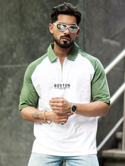 Boston Half Zipper White Polo Half Sleeve T-Shirt