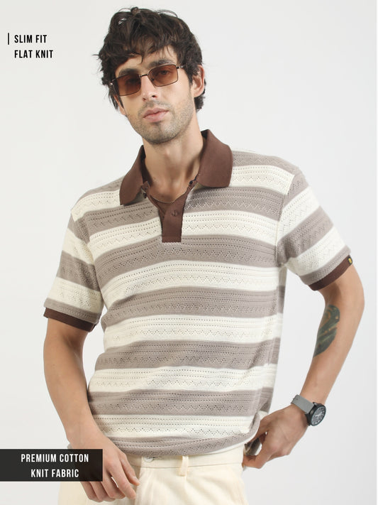 Brown Crochet Flatknit Cotton Half Sleeve Polo T-Shirt