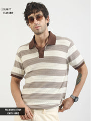 Brown Crochet Flatknit Cotton Half Sleeve Polo T-Shirt
