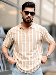 Popcorn Knit Beige Polo Half Sleeve T-Shirt