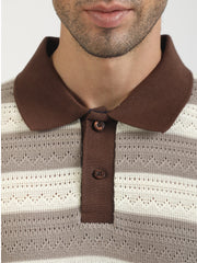 Brown Crochet Flatknit Cotton Half Sleeve Polo T-Shirt