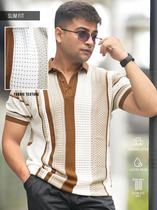 Stripe FlatKnit Beige Half Sleeve Polo T-Shirt