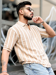 Popcorn Knit Beige Polo Half Sleeve T-Shirt