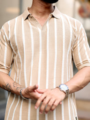 Popcorn Knit Beige Polo Half Sleeve T-Shirt