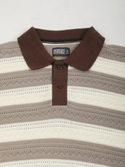 Brown Crochet Flatknit Cotton Half Sleeve Polo T-Shirt