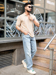 Popcorn Knit Beige Polo Half Sleeve T-Shirt