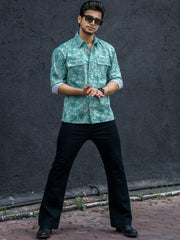 Floral Double Pocket Green Full Sleeve Shirt