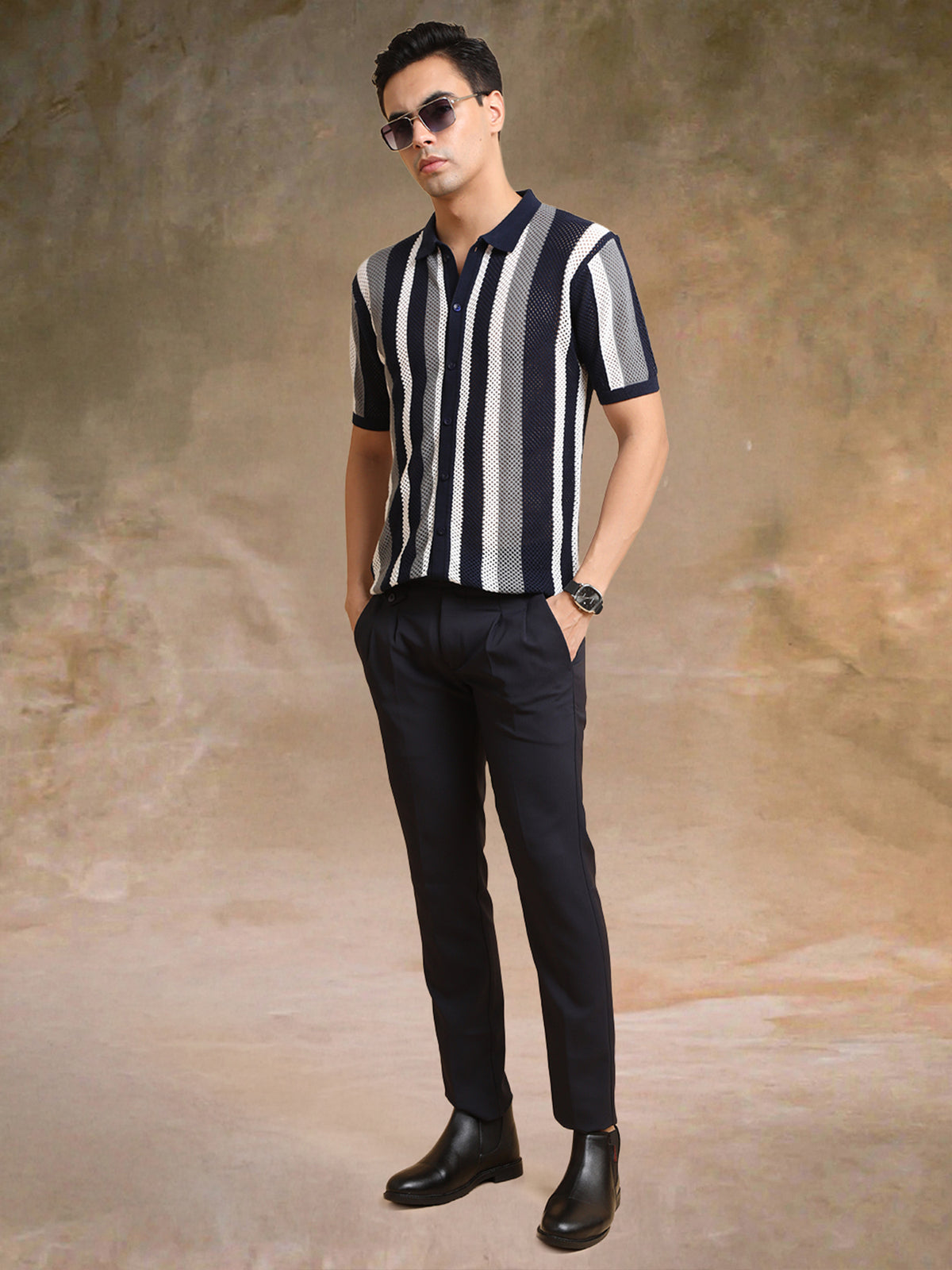Navy half sleeve aero vertical stripe shirt for men - view 7
