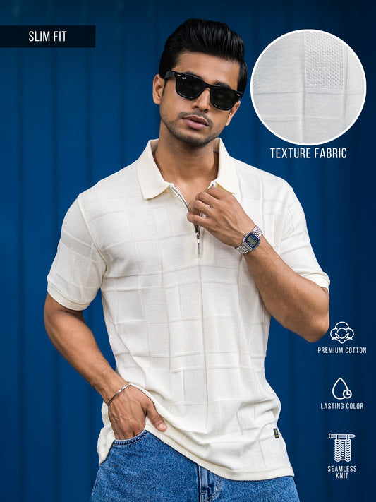 Cubic Knit Cream Half Sleeve Polo T-Shirt