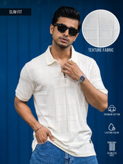 Cubic Knit Cream Half Sleeve Polo T-Shirt