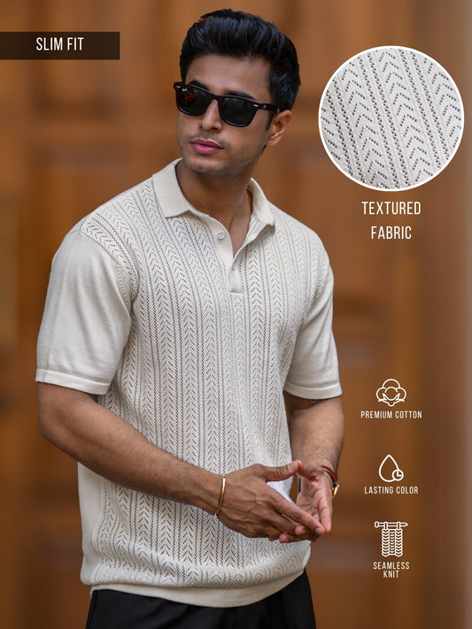 Arrow Knit Off White Half Sleeve Polo T-Shirt