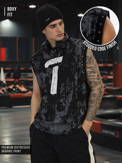 Grunge Print Black Sleeveless T-Shirt