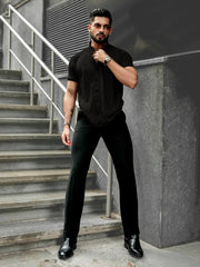 Ribbed FlatKnit Black Half Sleeve Shirt