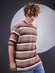 Roman Stripe Brown Half Sleeve Tshirt