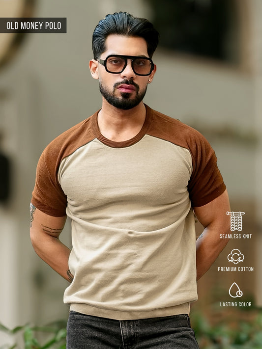 Flat Knit Raglan Beige Brown Half Sleeve T-Shirt