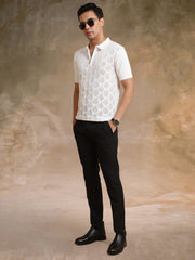 Diamond Knit White Slim Half Sleeve Polo T-Shirt