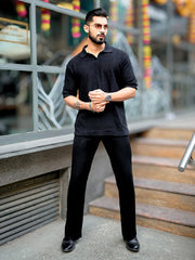 Croshia Knit Black Half Sleeve Polo T-Shirt