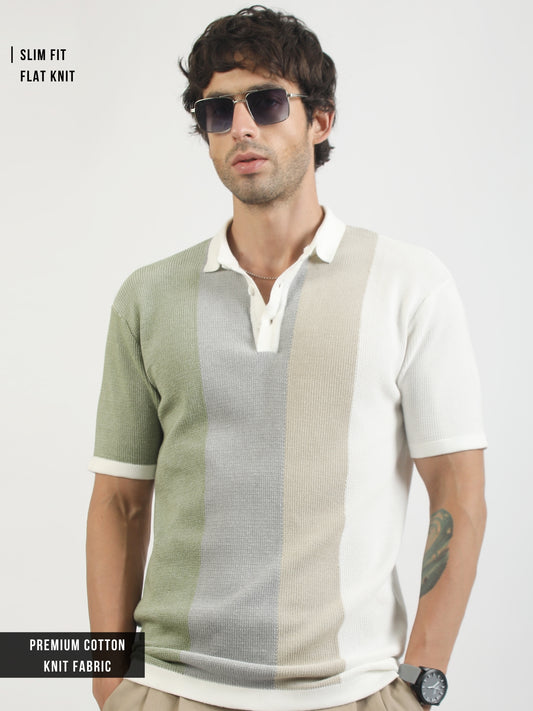 Cream Clay Flat-Knit Half Sleeve Polo T-Shirt