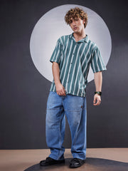 Terry Vertical Stripes Green Half Sleeve Shirt