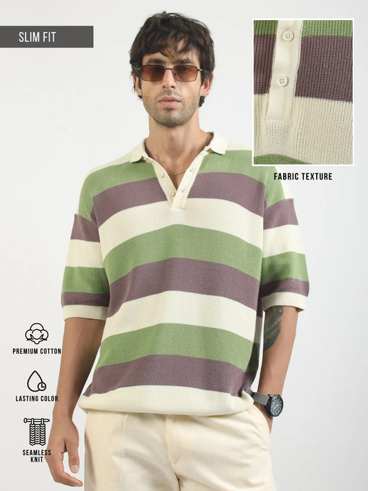 Cream Hawaii Stripes Flat-Knit Half Sleeve Polo T-Shirt