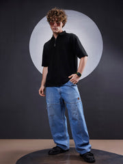 Seersucker Black Polo Half Sleeve T-Shirt