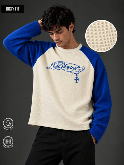 Blessed Cream and Royal Blue Waffle Full Sleeve T-Shirt