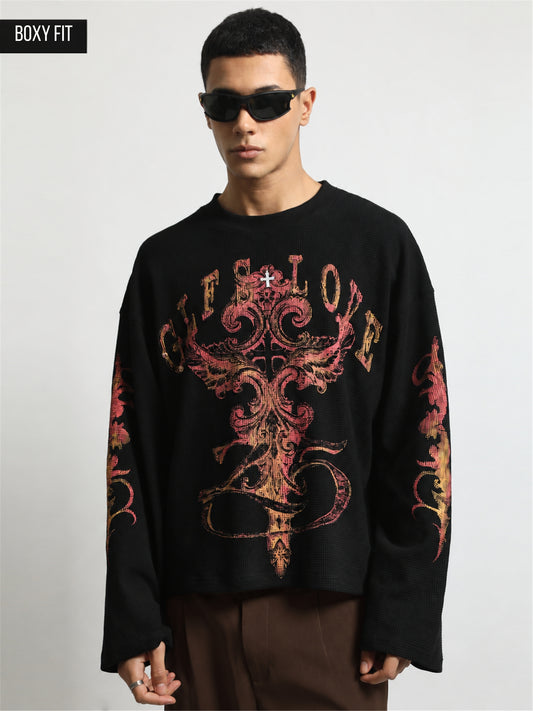 Black Glfslove Print Full Sleeve Waffle T-Shirt