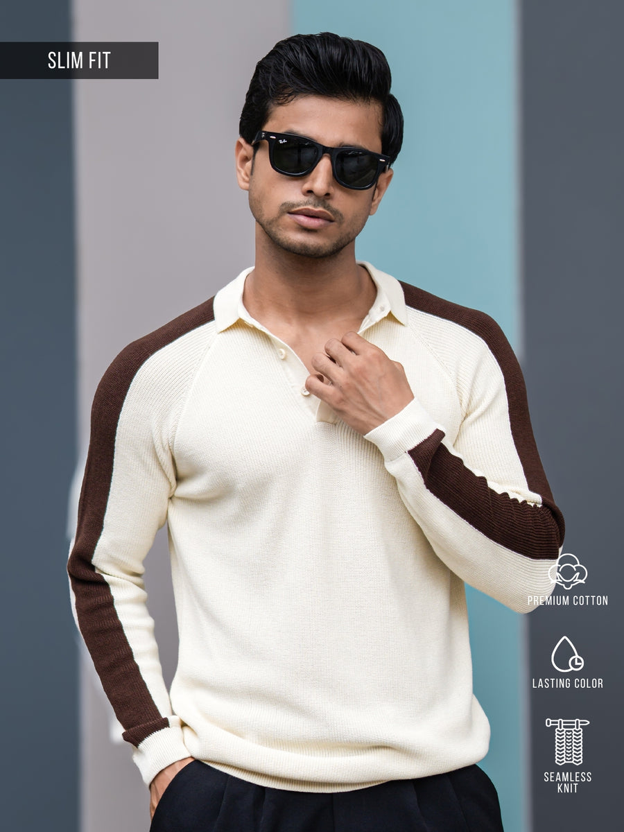 Cream full sleeve power play sweater polo t-shirt for men