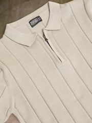 Drop Needle Beige Flatknit Half Sleeve Polo T-Shirt