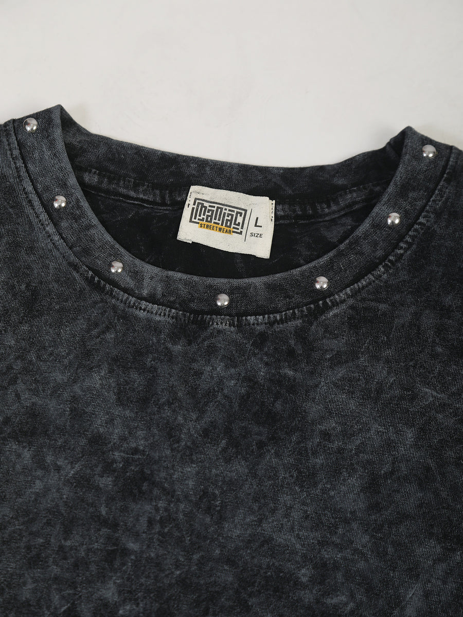 Washed Stud Black Sleeveless T-Shirt