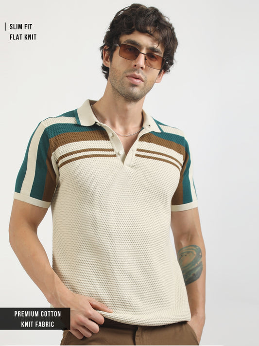 Cream Espresso Panel Flat-Knit Half Sleeve Polo T-Shirt