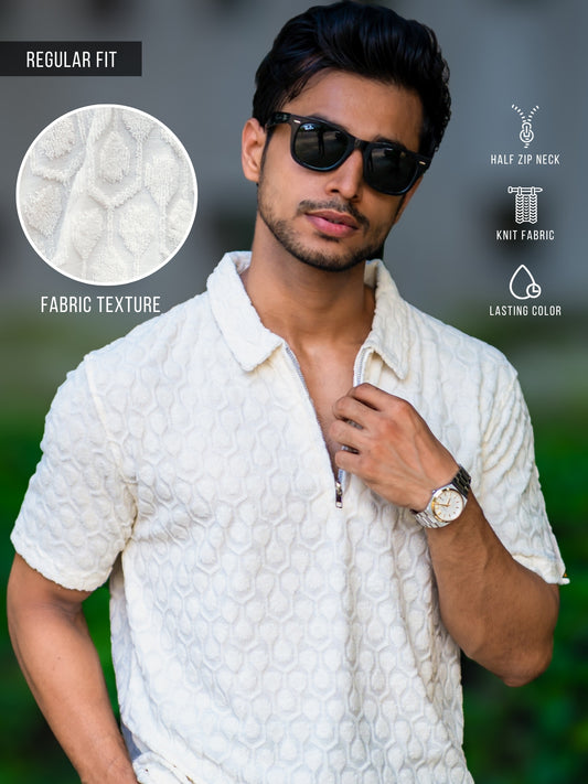 Puff Terry Cream Half Sleeve Polo T-Shirt