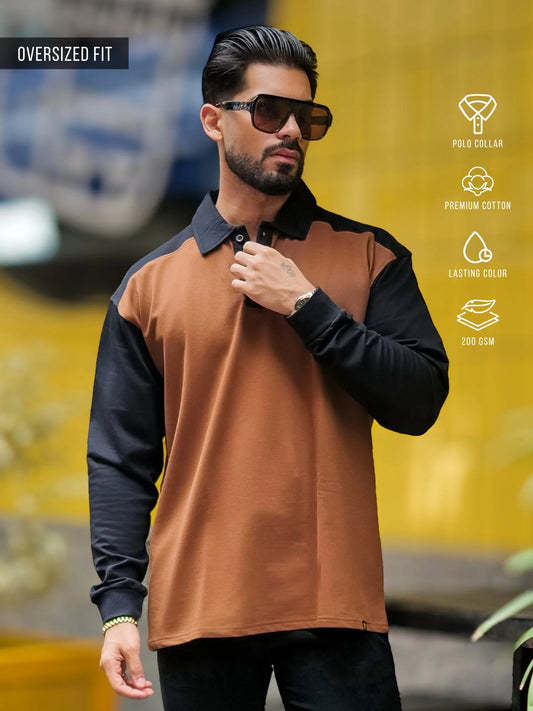 Colorblock Brown Full Sleeve Polo T-Shirt