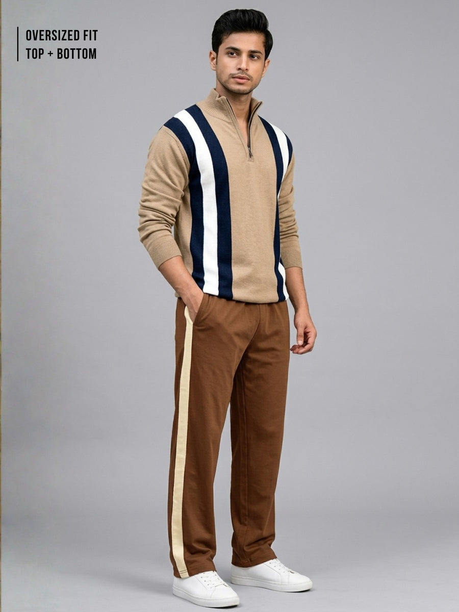 Beige Full Sleeve Half Zip Polo Co-Ord Set