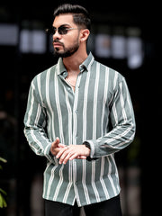 Terry Vertical Stripes Green Full Sleeve Shirt