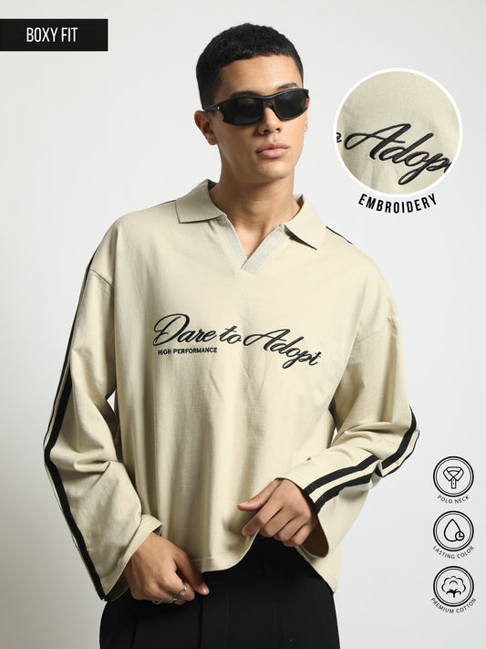 Dare to Adopt Biscuit, Black Full Sleeve Boxy Polo T-Shirt