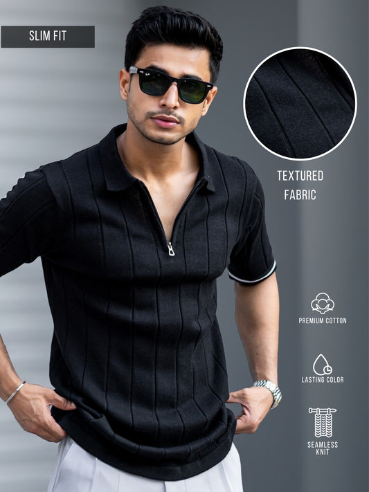 Drop Needle Black Flatknit Half Sleeve Polo T-Shirt