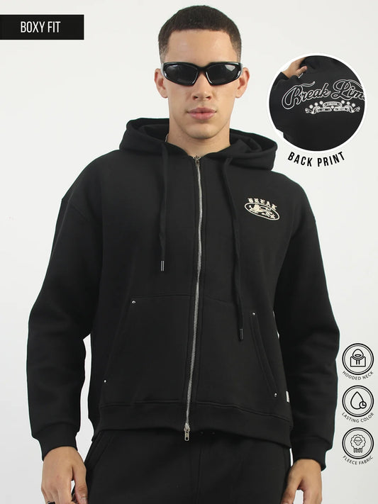 Dual Zip Graphic Print Black Boxy Hoodie Sweatshirt