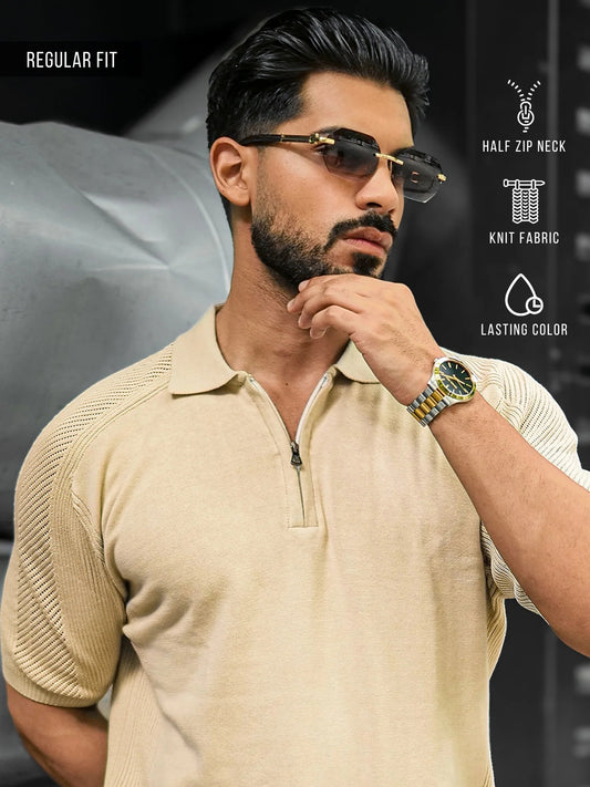 Luxe Knit Beige Half Sleeve Polo Tshirt