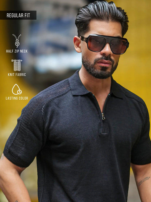 Luxe Knit Black Half Sleeve Polo Tshirt