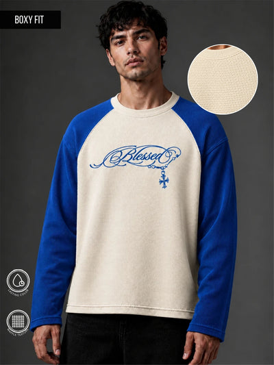 Blessed Cream and Royal Blue Waffle Full Sleeve T-Shirt