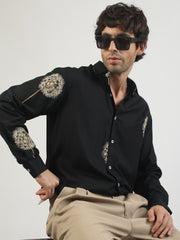 Blowball Flower Embroidery Black Full Sleeve Shirt